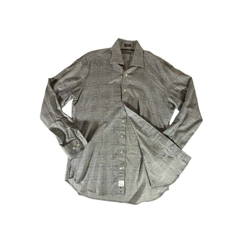 Peter Millar Shirt Adult Large‎ White Windowpane Houndstooth Flannel Flip Cuff
